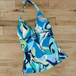 Vintage Y2K profile by Gottex blue and green full length printed halter swim tan